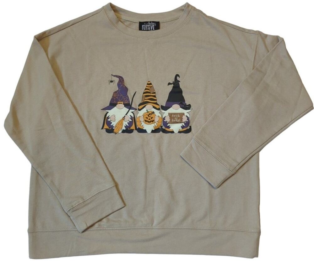 Feeling Festive Halloween 3 Gnomes Witches Halloween Tan Sweatshirt Women Siz M